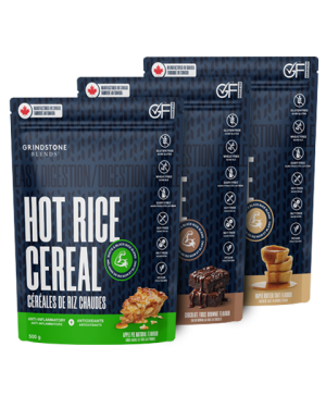 Grindstone Blends Cream of Rice Trio Apple Pie, Chocolate
              Fudge Brownie and Maple Butter Tart