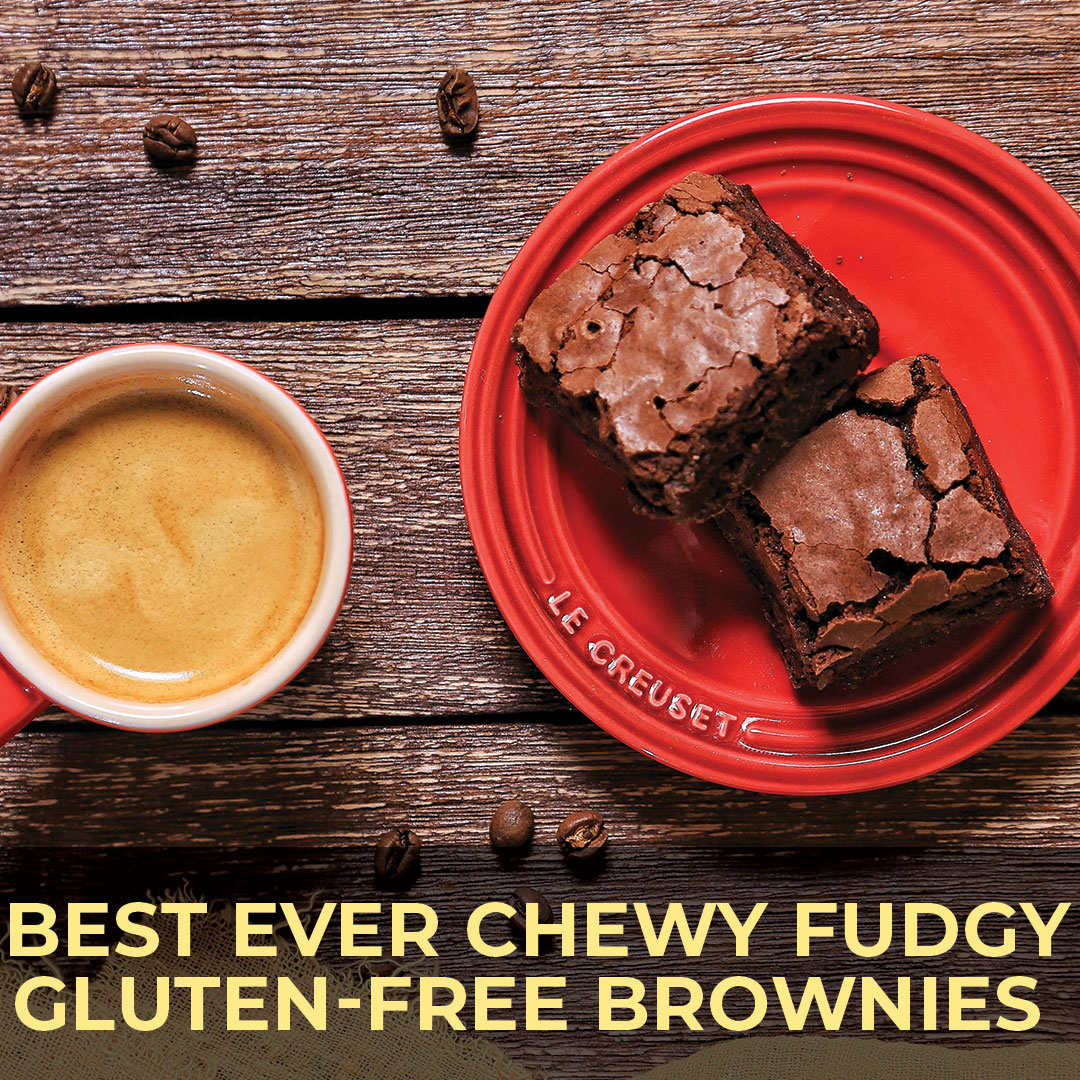 Chewy fudgy gluten-free brownies on a red plate