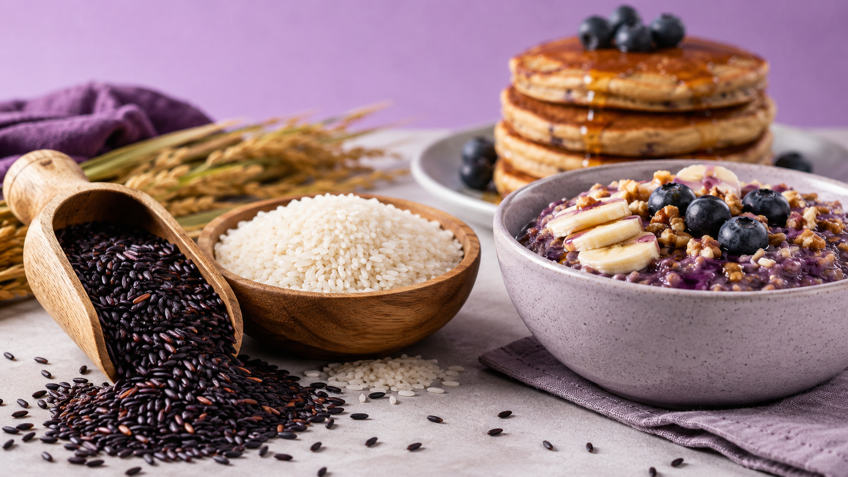 Black rice, white rice, a prepared bowl and pancakes.