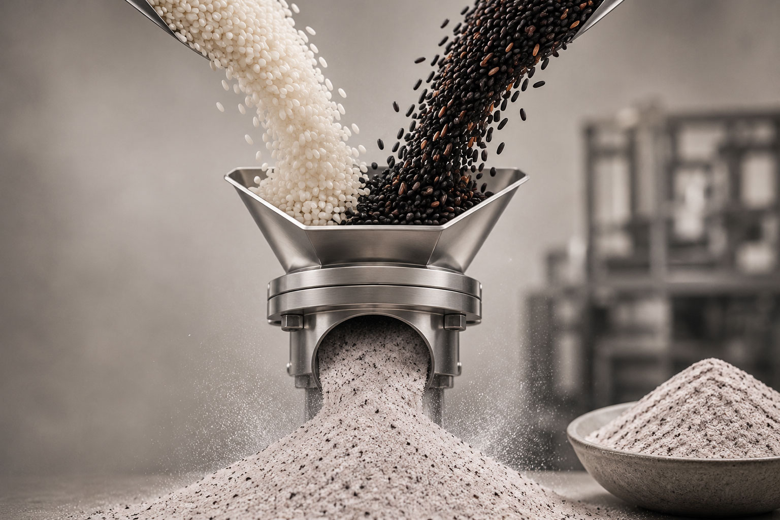 Black and white rice being milled into a finely granulated speckled rice blend
