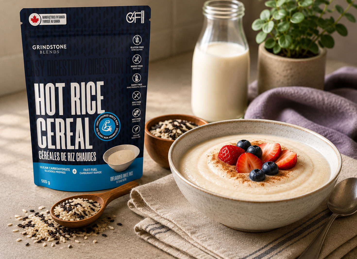 Grindstone Blends Hot Rice Cereal with a prepared cream of rice breakfast bowl