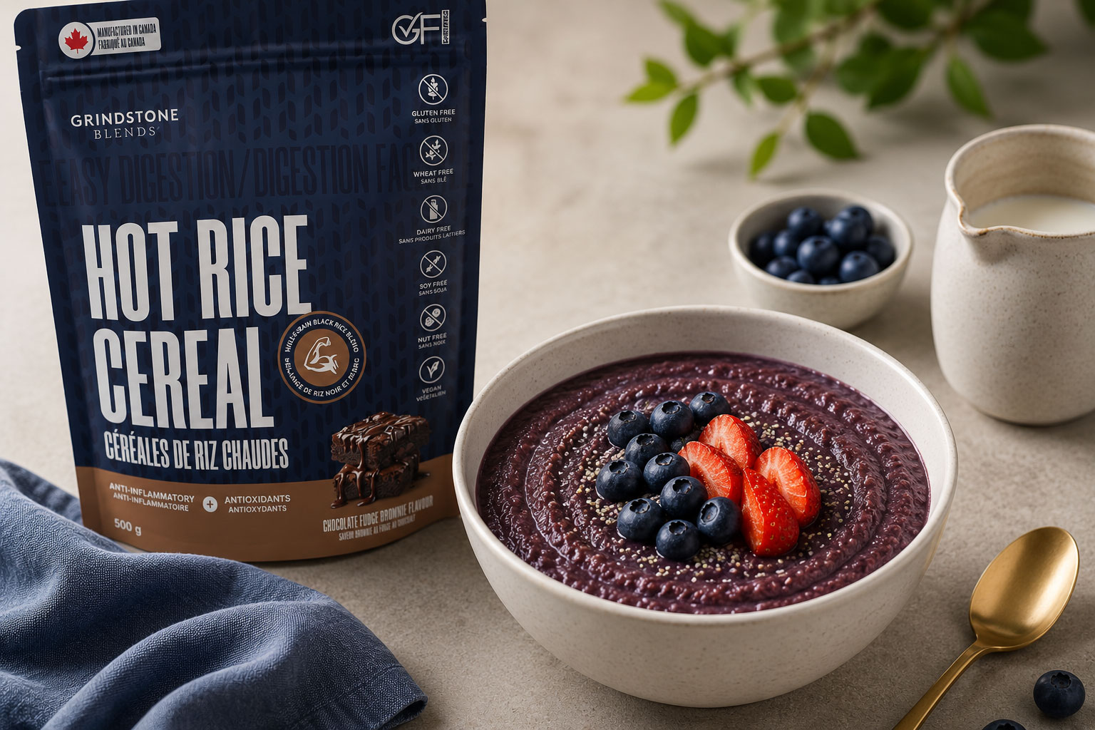 Grindstone Hot Rice Cereal with a prepared bowl of purple cream of rice