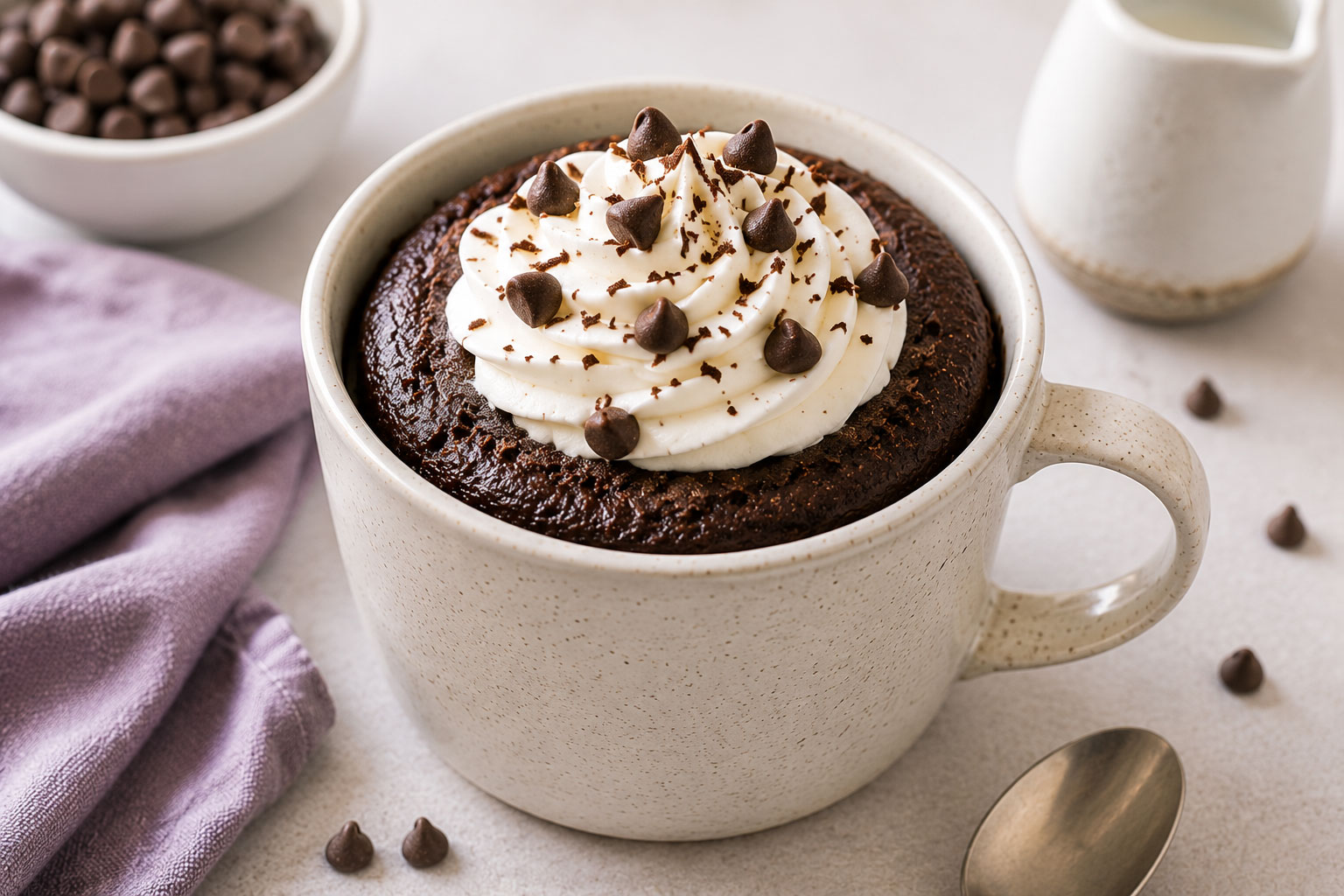Chocolate CUP-CAKE topped with whipped cream and chocolate chips
