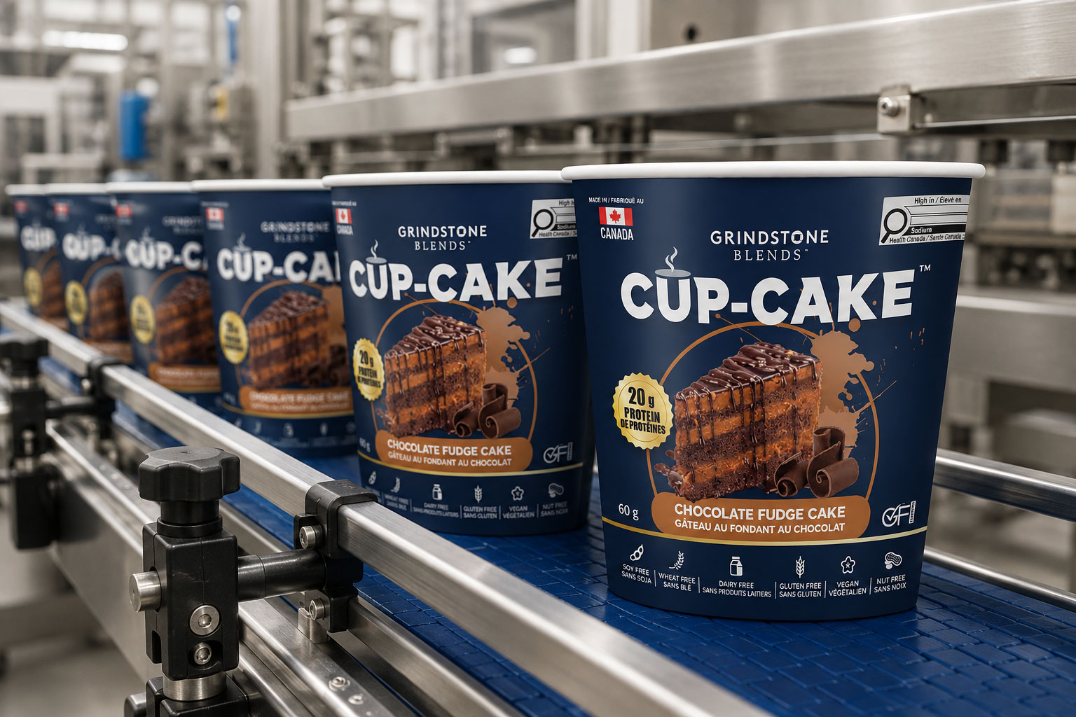 Grindstone Blends CUP-CAKE products on a packaging production line