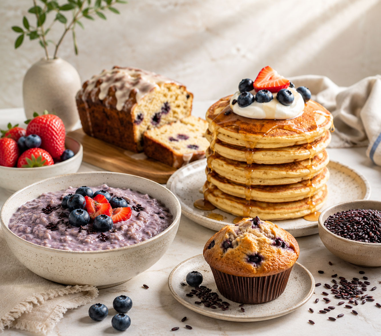 Pancakes, rice cereal, blueberry muffin and baked loaf