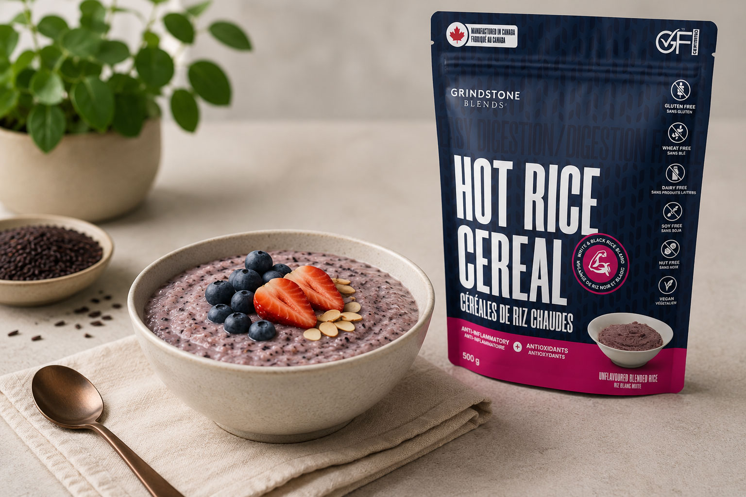 Grindstone Blends hot rice cereal with berries and black rice