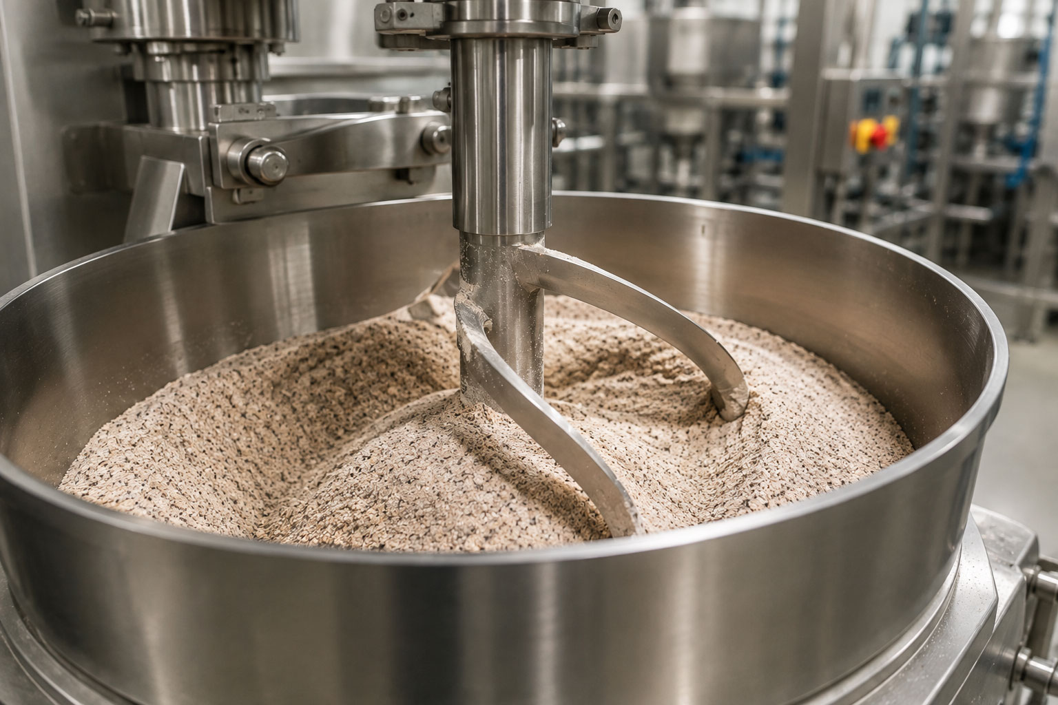 Rice blend being mixed in stainless steel food production equipment