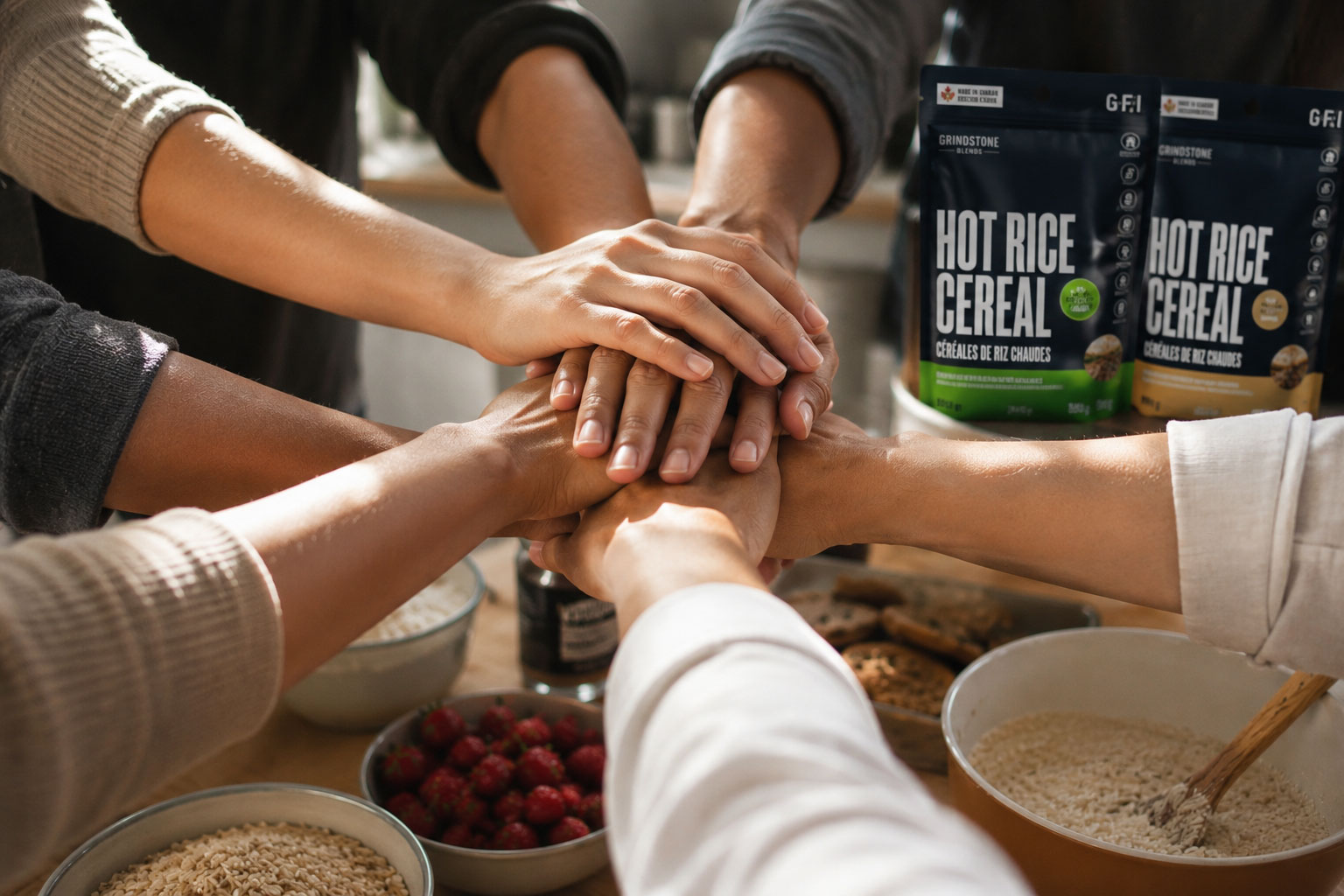 People coming together around Grindstone Blends food