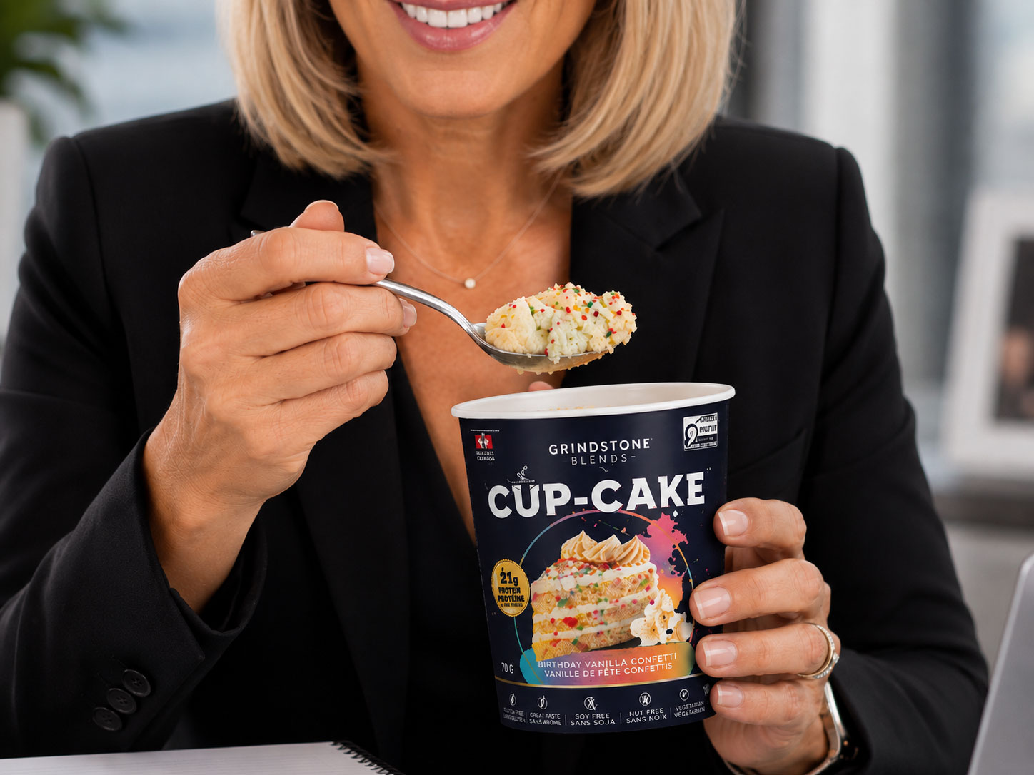 Karen Marques enjoying Grindstone Blends CUP-CAKE