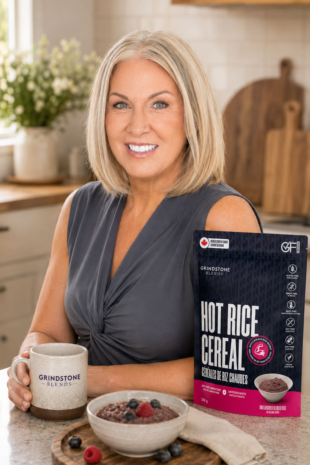 Karen Marques, founder of Grindstone Blends, with Grindstone Hot Rice Cereal.