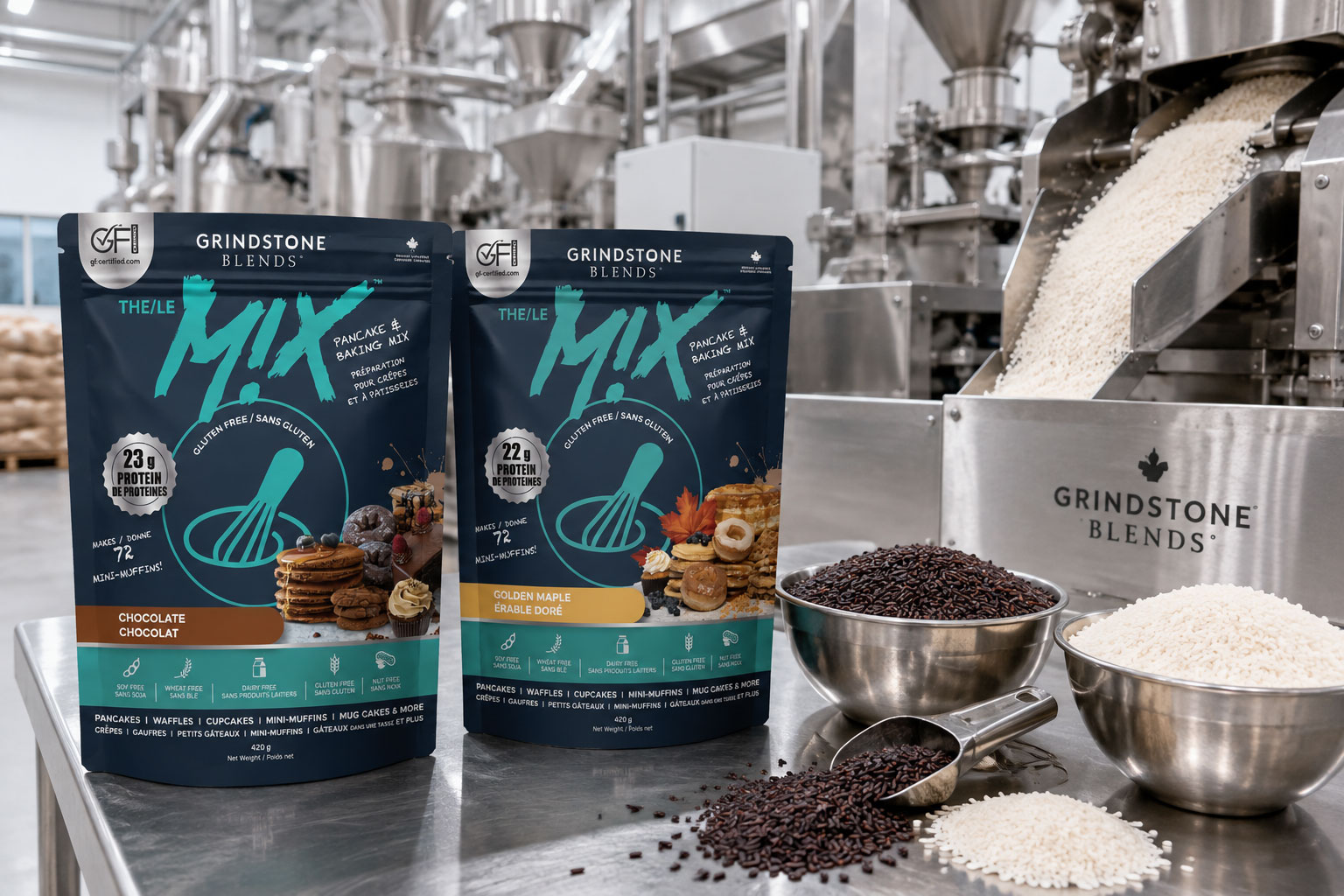 Grindstone MIX packages and rice milling equipment in the Grindstone manufacturing environment.
