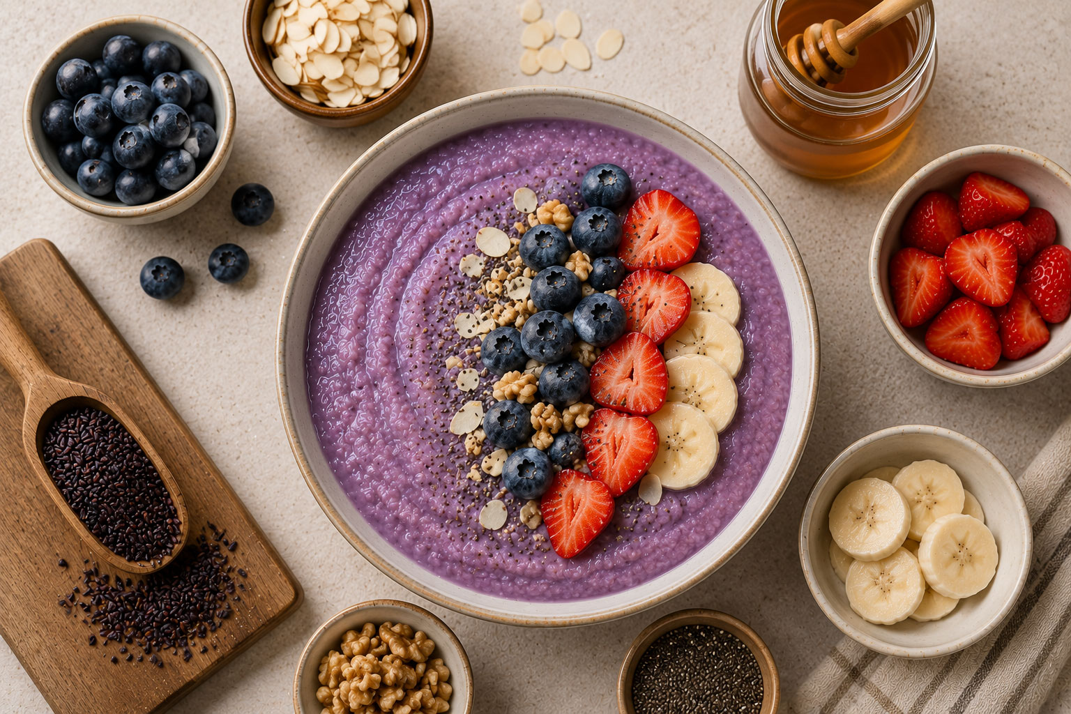 Purple cream of rice bowl with fruit, nuts and toppings