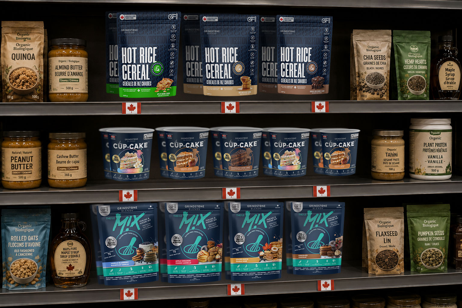 Grindstone Blends products displayed on a retail shelf