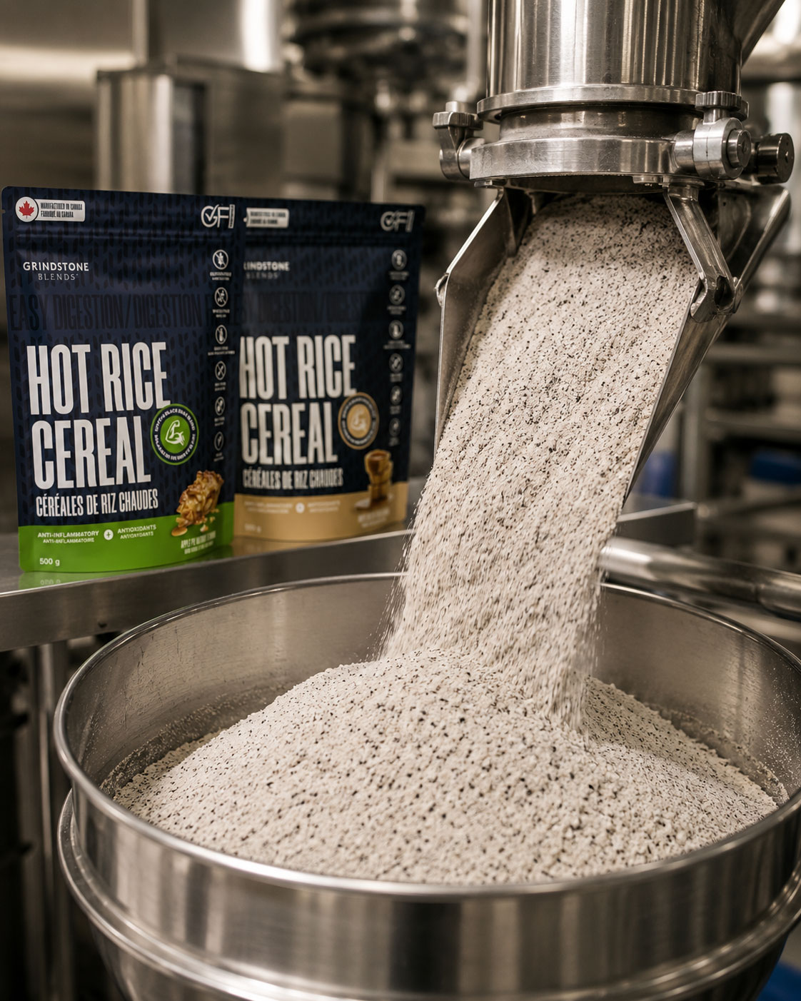 Black and white rice being milled at Grindstone Blends
